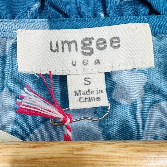 Umgee Blue Teal Floral Notch Neck Balloon Sleeve Tassel Blouse Top New Size S - Picture 10 of 12